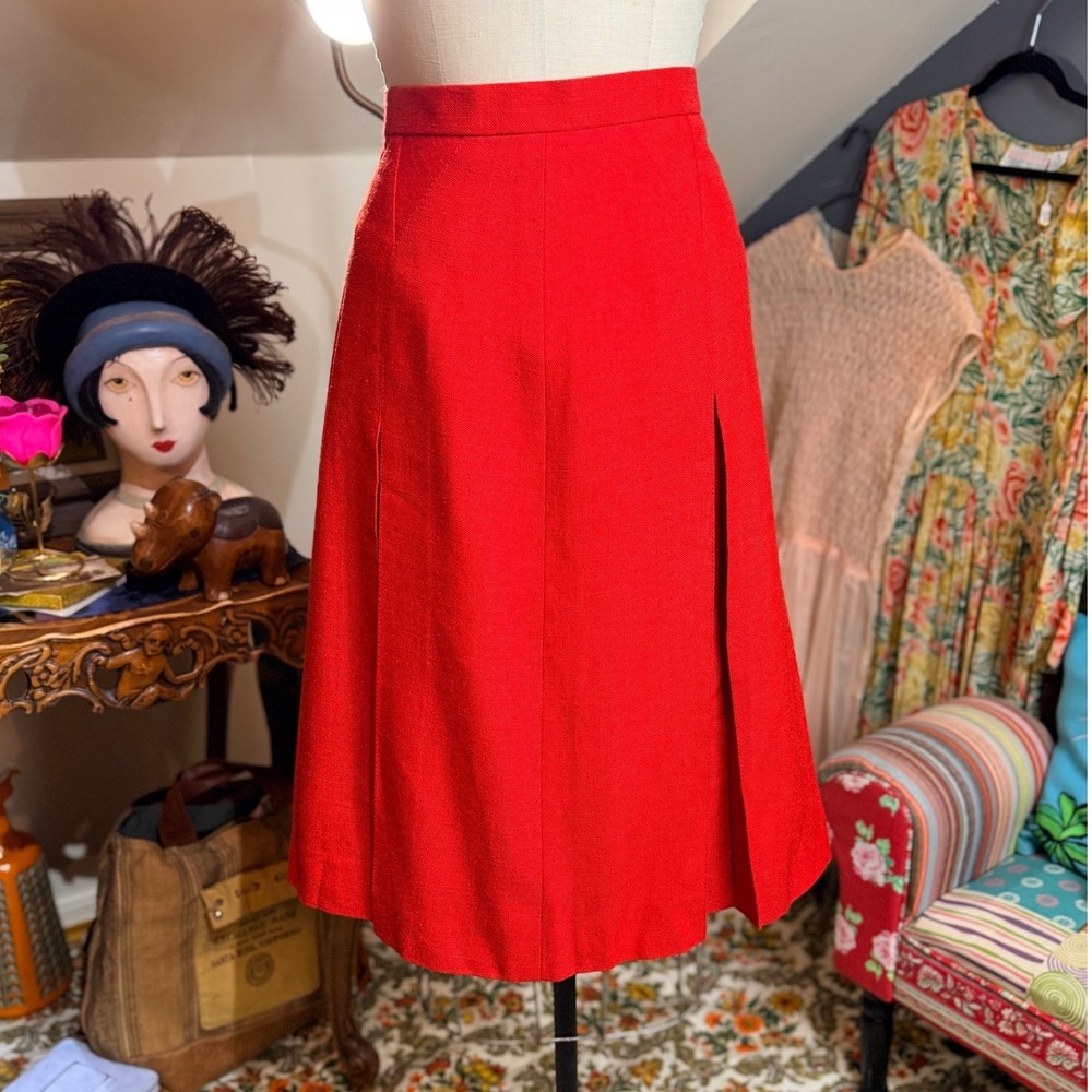 Vintage‎ Dian Horn Red Tweed A Line Midi Skirt Pleated Slit made in Japan - S
